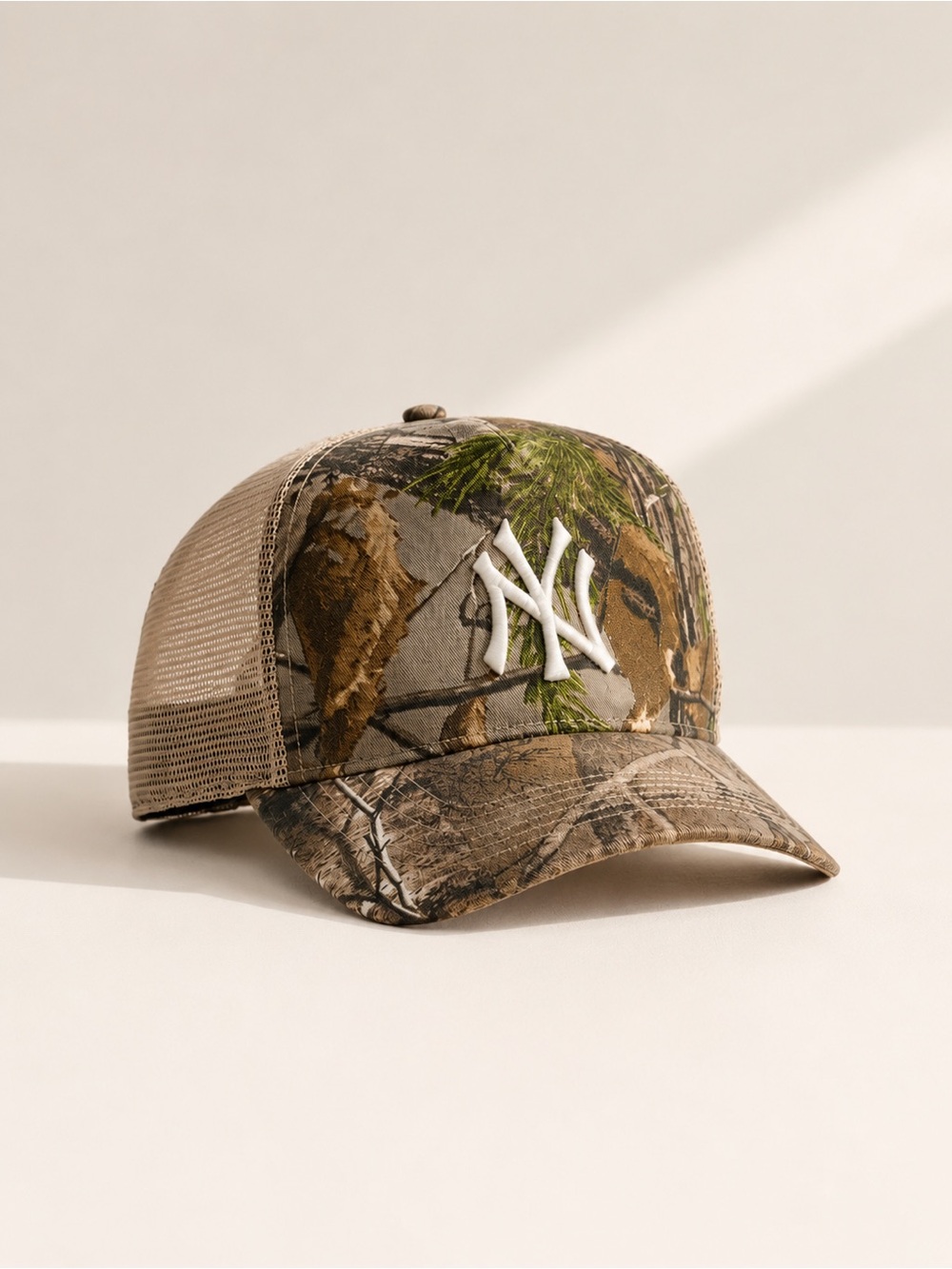 Camo Trucker Hat with White NY Logo - Brown